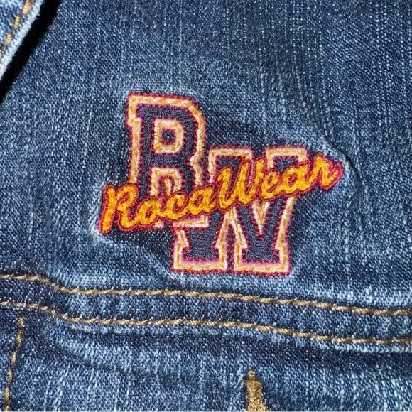 Roca Wear Jr Girls XXL Blue Denim Jean Jacket W/ Hood Knit Multi-Colored Accents - Picture 4 of 8